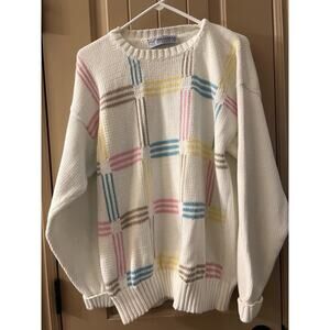 Vintage Sweater Medium BOXY Fit 90s Grunge White With Pastels Braemar